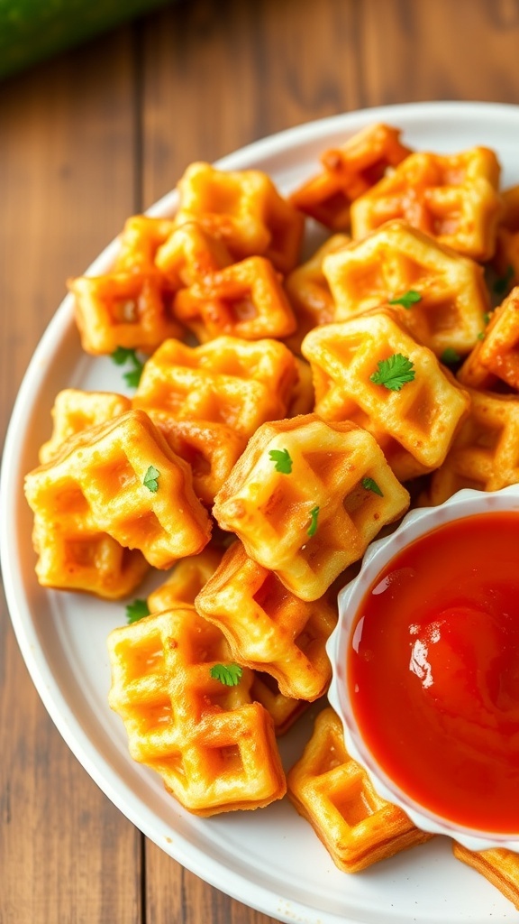 Crispy zucchini waffle fries on a plate with marinara sauce, garnished with parsley.